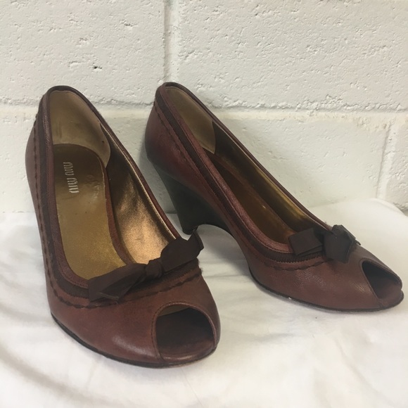 MIU MIU • Leather Peep Toe Wedges - Picture 14 of 16